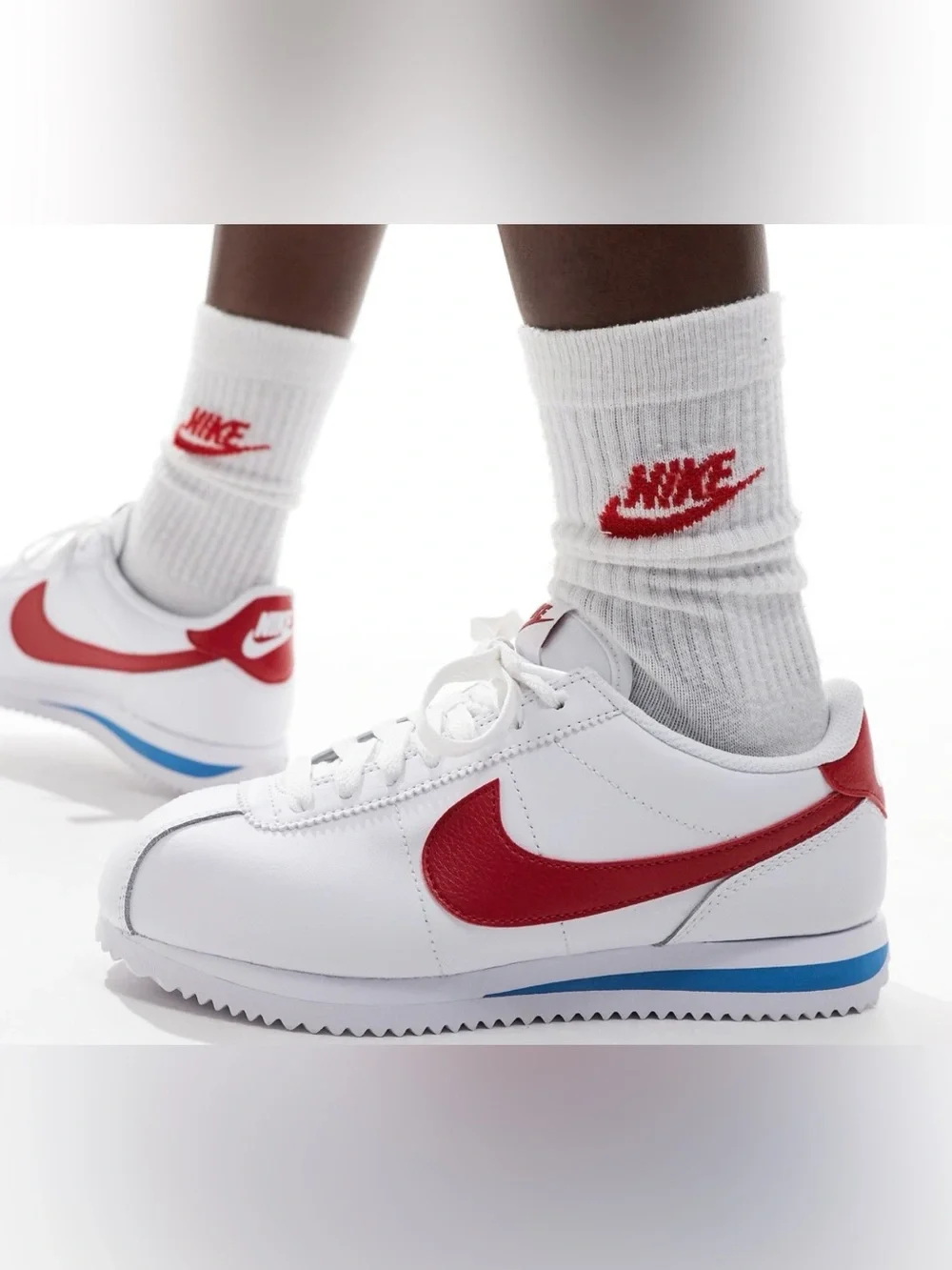 Nike Classic Cortez White Sneakers with Red Swoosh and Blue Accent Men’s